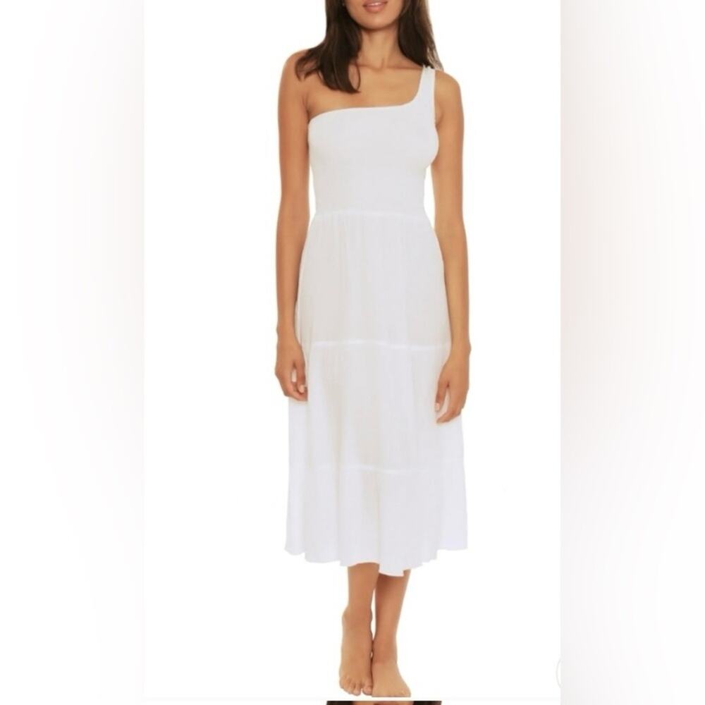Becca Ponza Smocked White One Shoulder Tiered Coverup Beach Swim Dress Rayon S
